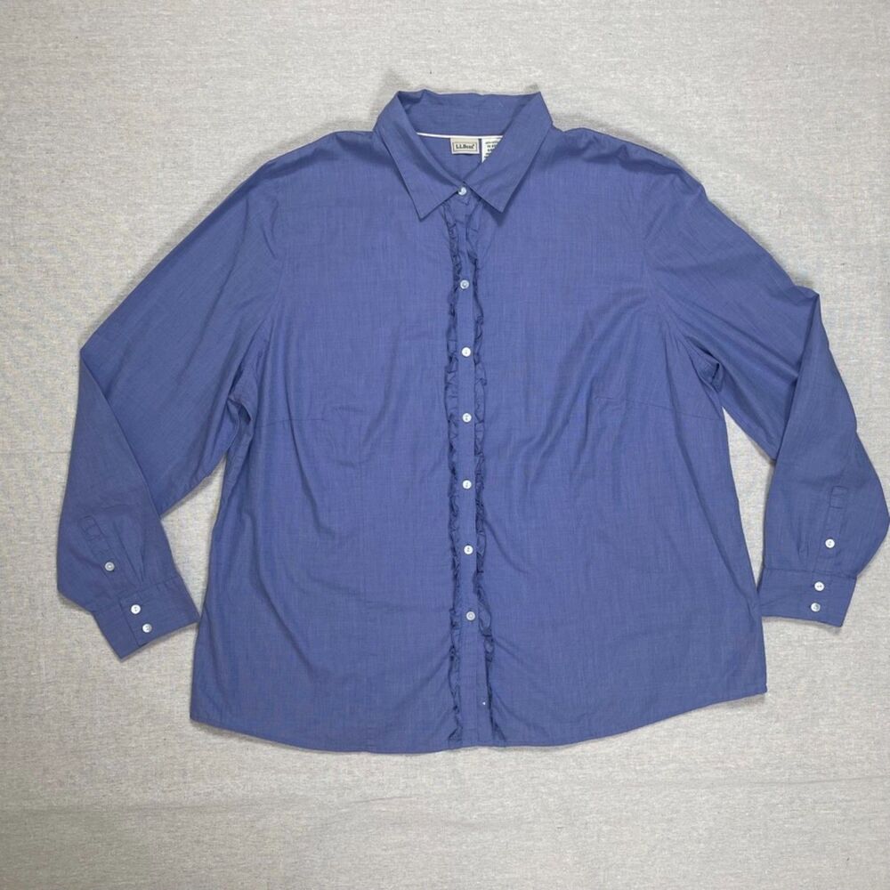 L.L. Bean | 100% Cotton Blue Ruffle Front Button Down Top | 1X
